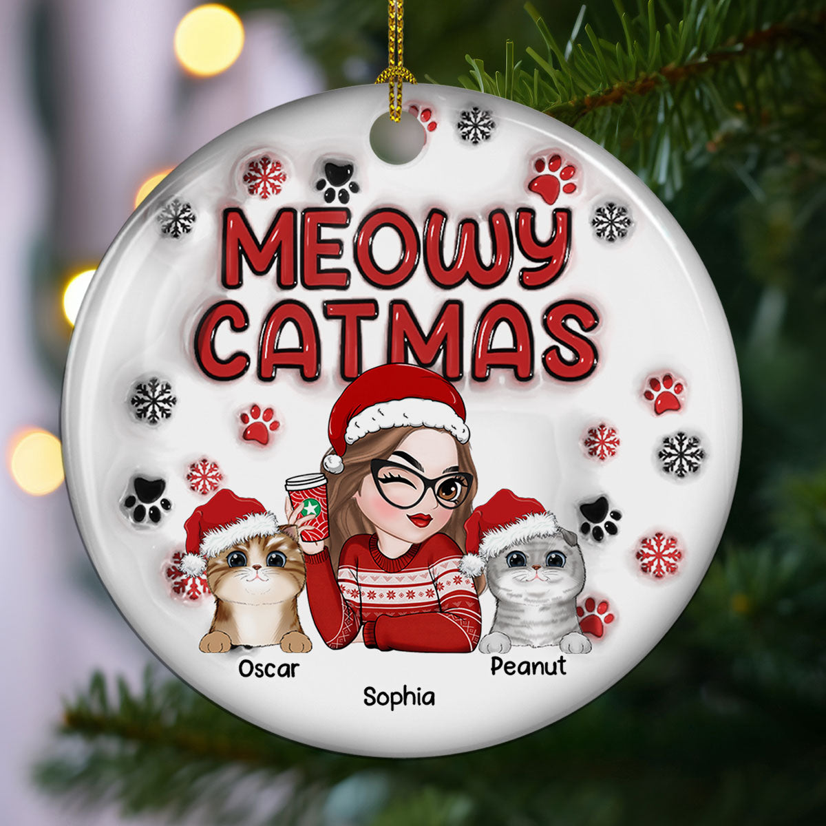 Meowy Catmas Cat Mom - Personalized Custom 3D Inflated Effect Premium White Ceramic Christmas Ornament, 3' Diameter