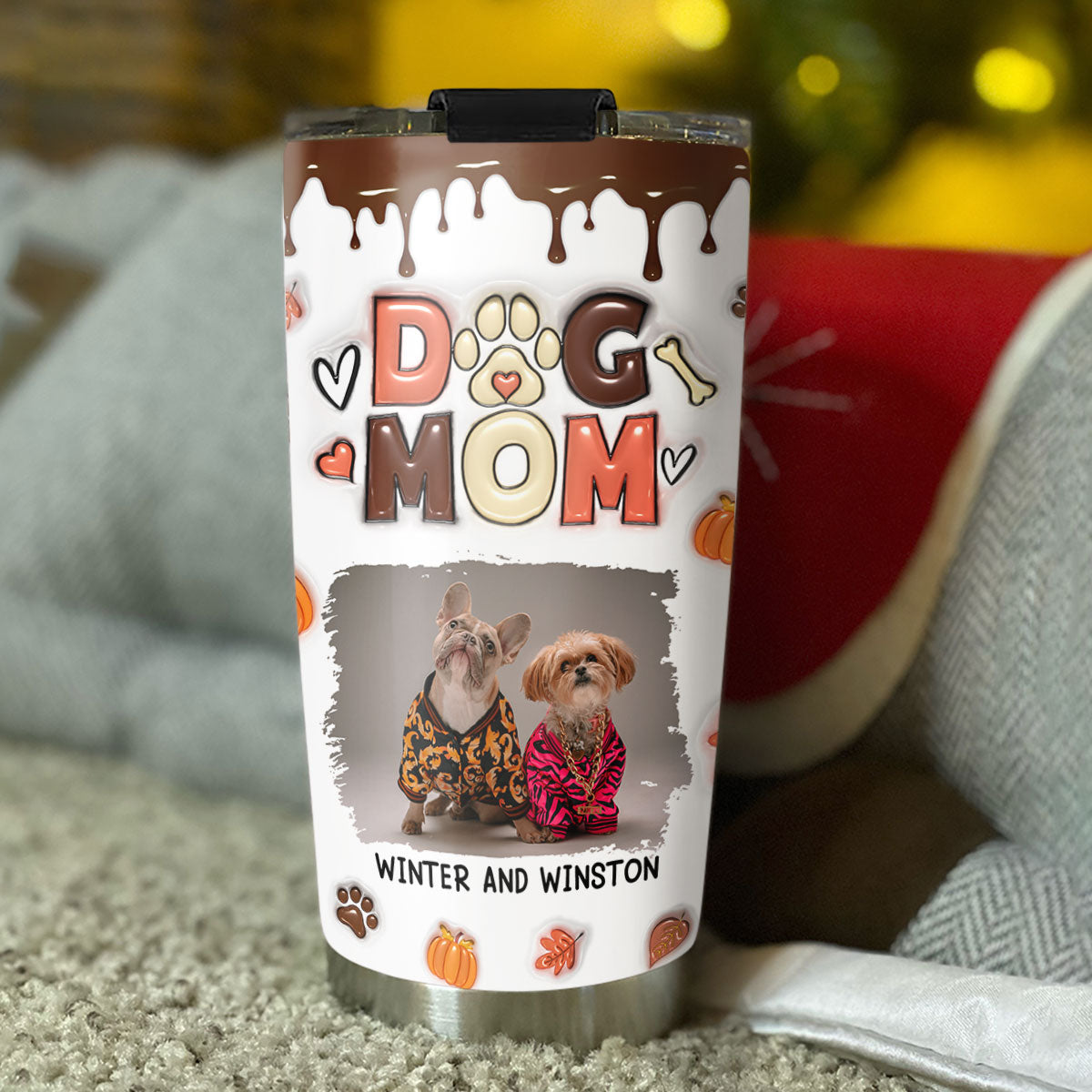 Personalized Custom 3D Inflated Effect Tumbler - Mom Of Dogs Fall Season Photo, 20oz High - Quality Stainless Steel Tumbler
