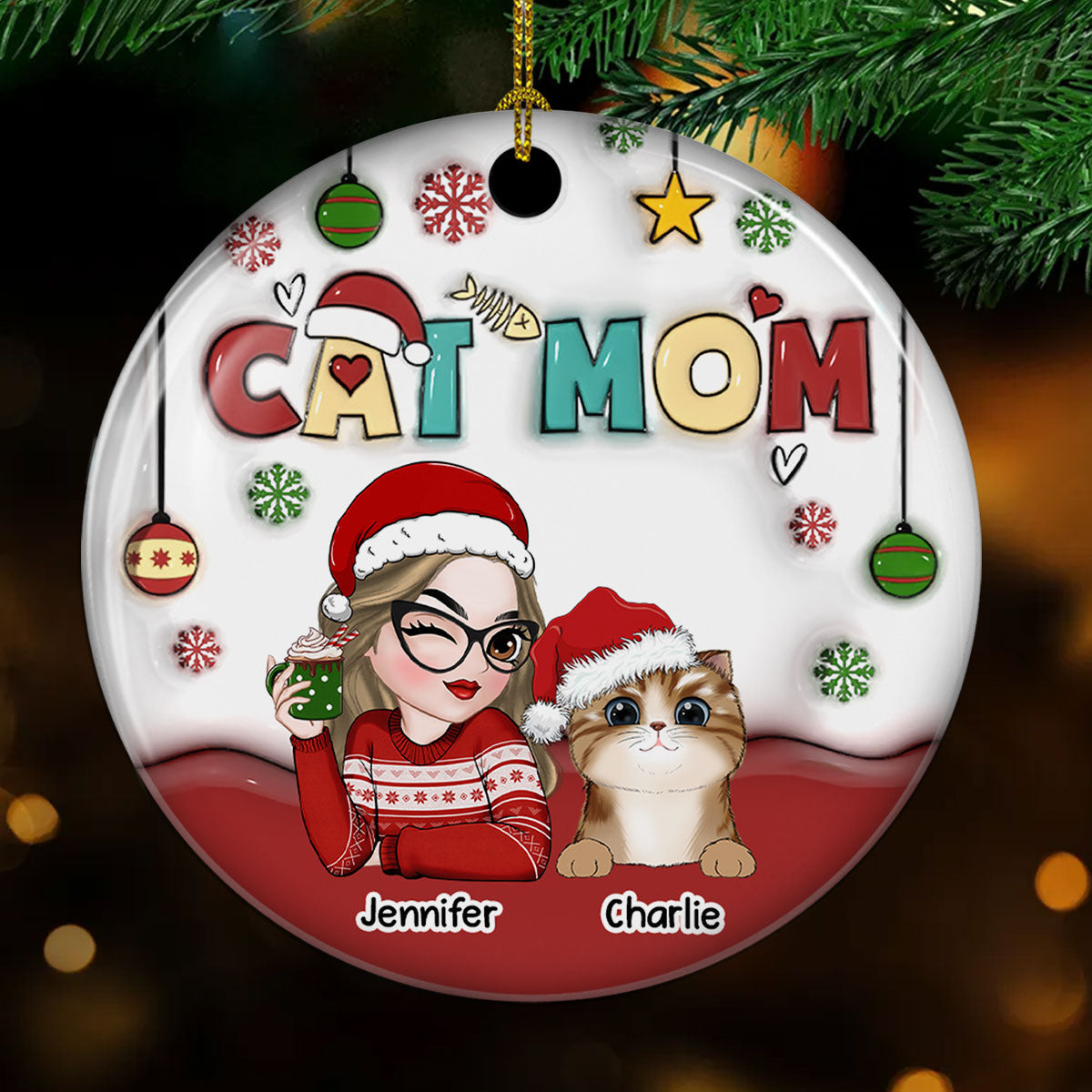 Personalized Custom 3D Inflated Effect Premium White Ceramic Ornament for Cat Moms