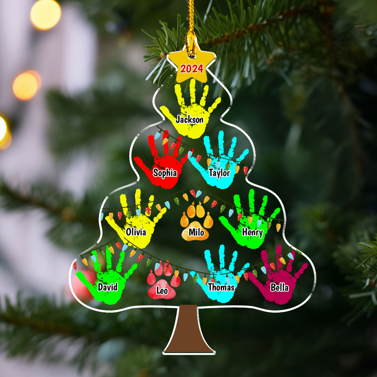 Customizable Family Handprints Tree Personalized Acrylic Christmas Ornament in 3 Sizes