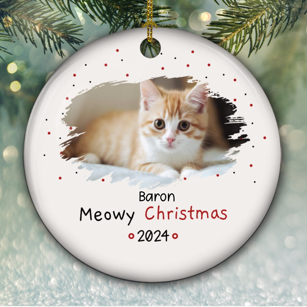 Meowy Christmas Personalized Custom Circle Ceramic Photo Ornament - Premium White, 3' Diameter