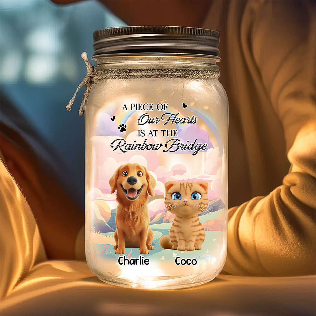 A Piece Of My Heart Is At The Rainbow Bridge - Personalized 16oz Custom Mason Jar Light with Warm Starlights