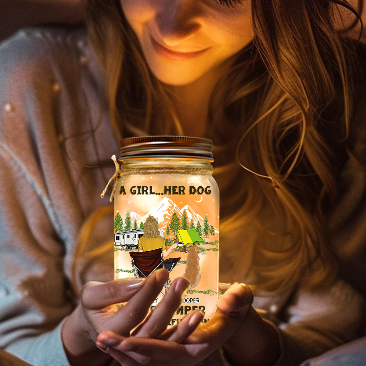 Personalized Custom Dogs And Camper Mason Jar Light - 16oz