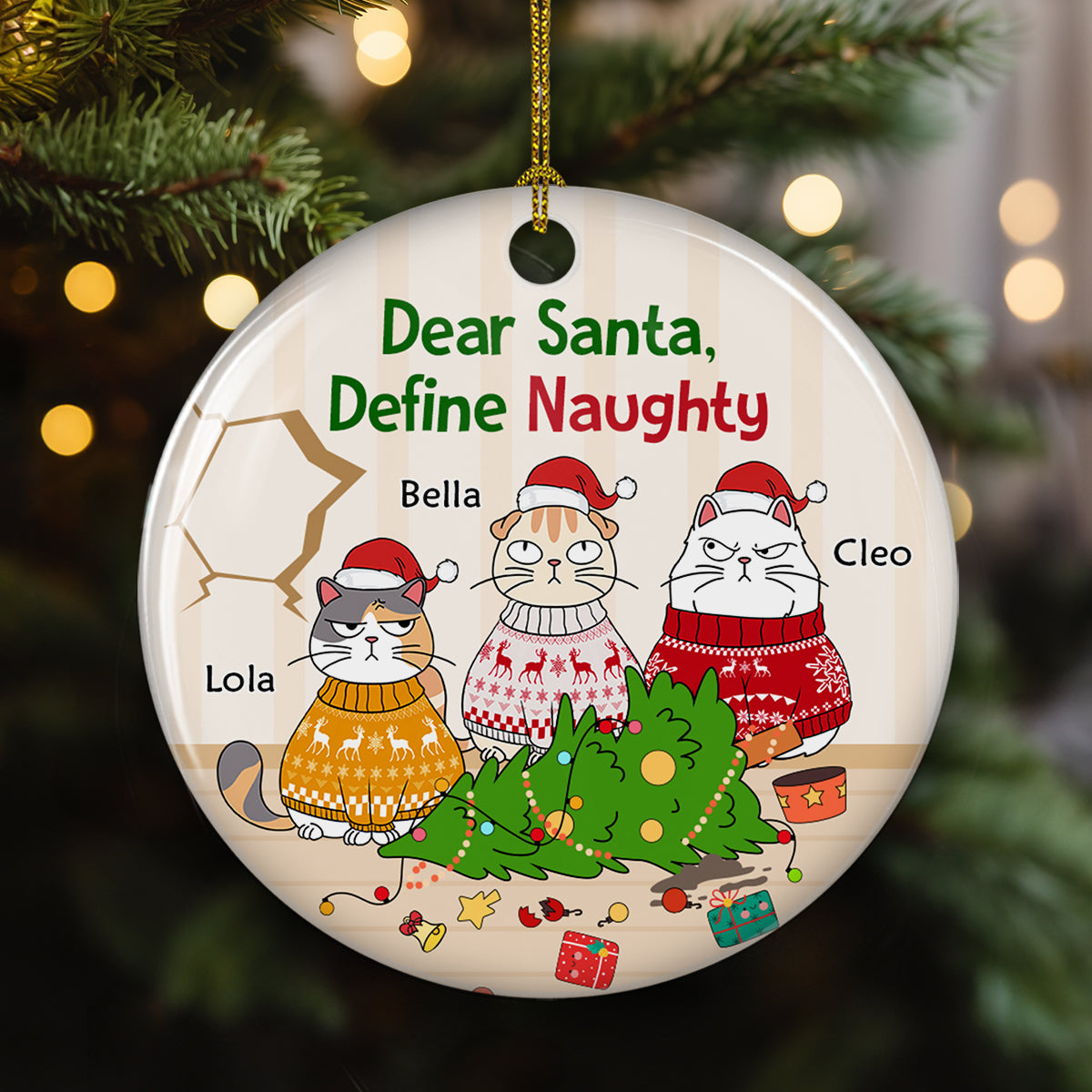 Santa Define Naughty Cats - Customizable Personalized Premium White Ceramic Christmas Ornament (3' Diameter)
