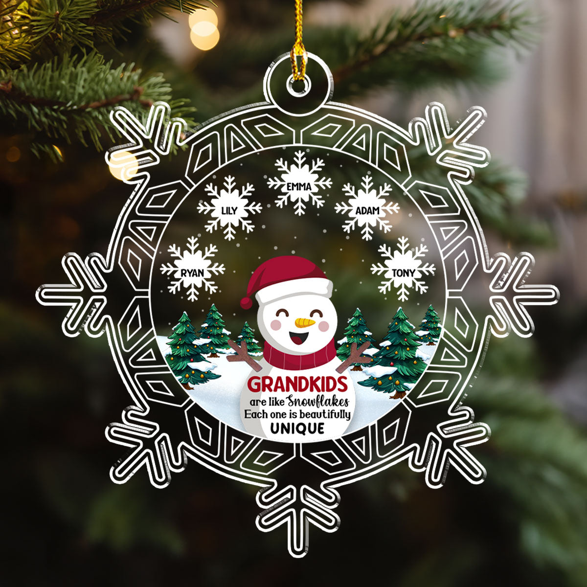 Snowman Grandma And Grandkids - Exquisite Personalized Custom Acrylic Christmas Ornament