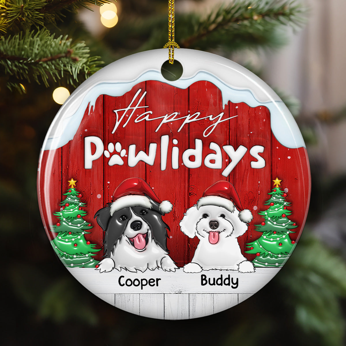Happy Holiday to Our Beloved Dogs - Personalized Custom 3D Inflated Effect Premium White Ceramic Christmas Ornament