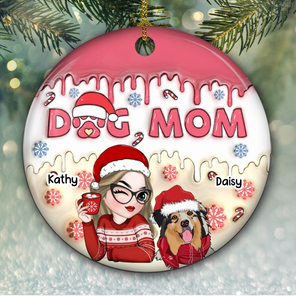 Dog Mom's Joyful Pawlidays - Customizable 3D Inflated Effect Personalized Ceramic Christmas Ornament