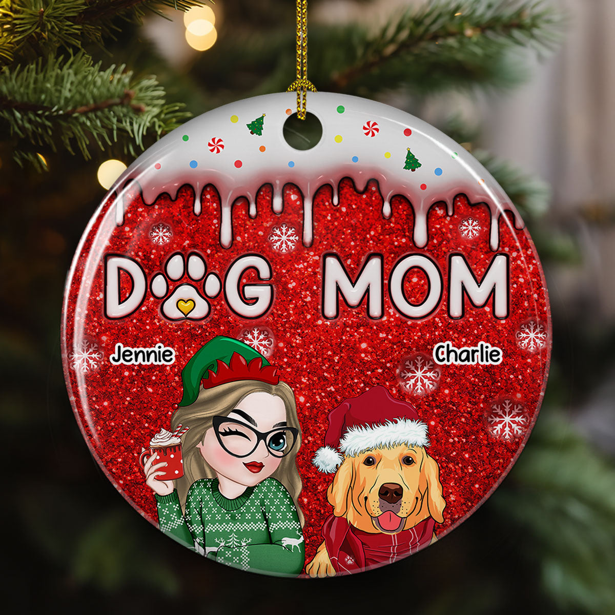 Customizable 3D Inflated Effect Premium White Ceramic Christmas Ornament for Dog Moms