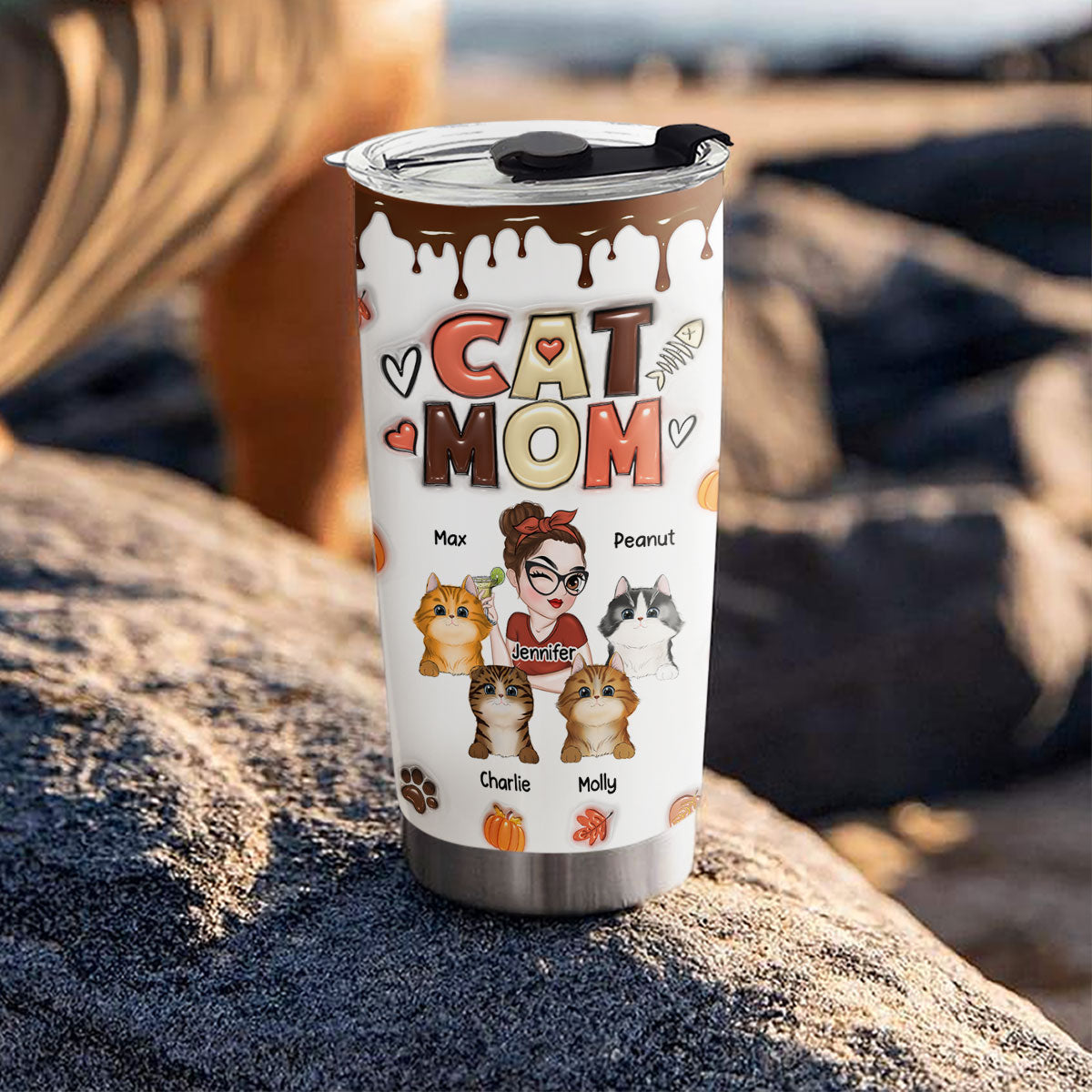 Fall Season Personalized Custom 3D Inflated Effect Mom Of Cats Tumbler - 20oz High - Quality Stainless Steel