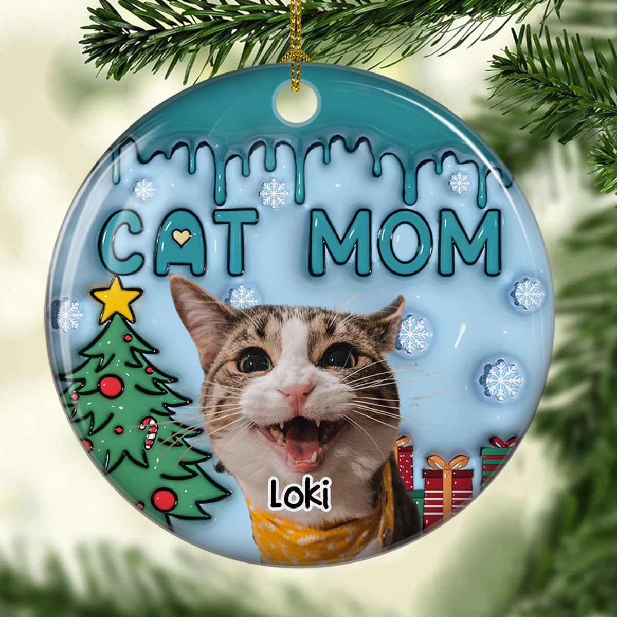Upload Your Adorable Cat Mom Photo - Personalized Custom 3D Inflated Effect Premium White Ceramic Christmas Ornament