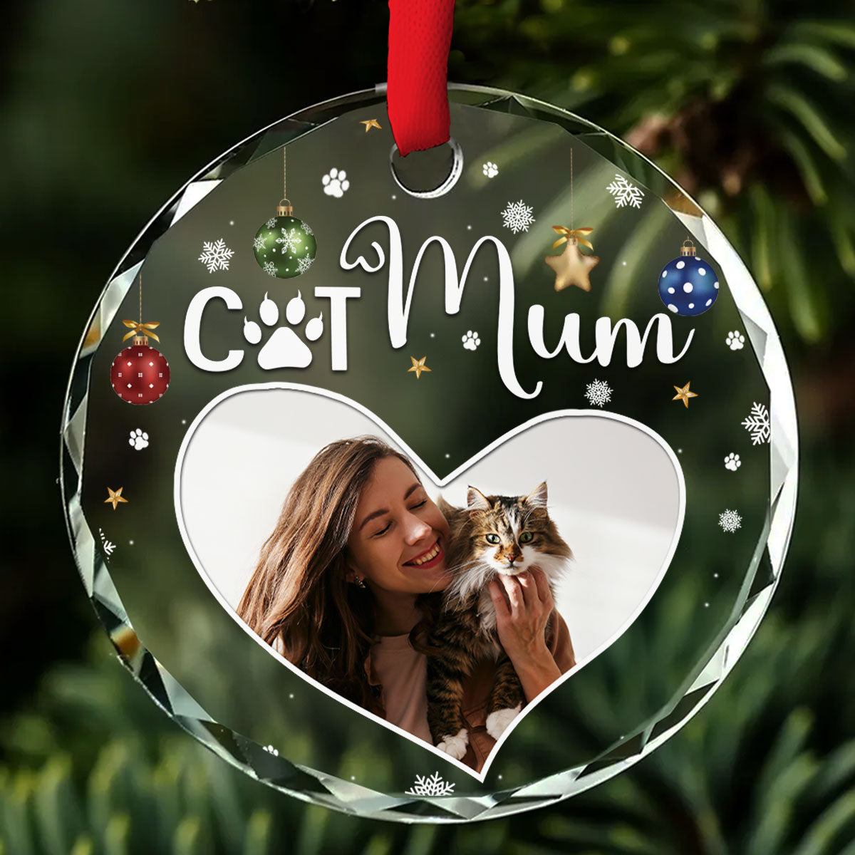 Personalized Custom Cat Mom Photo Glass Ornament - 8mm Thick, 3.07 Inches Tall
