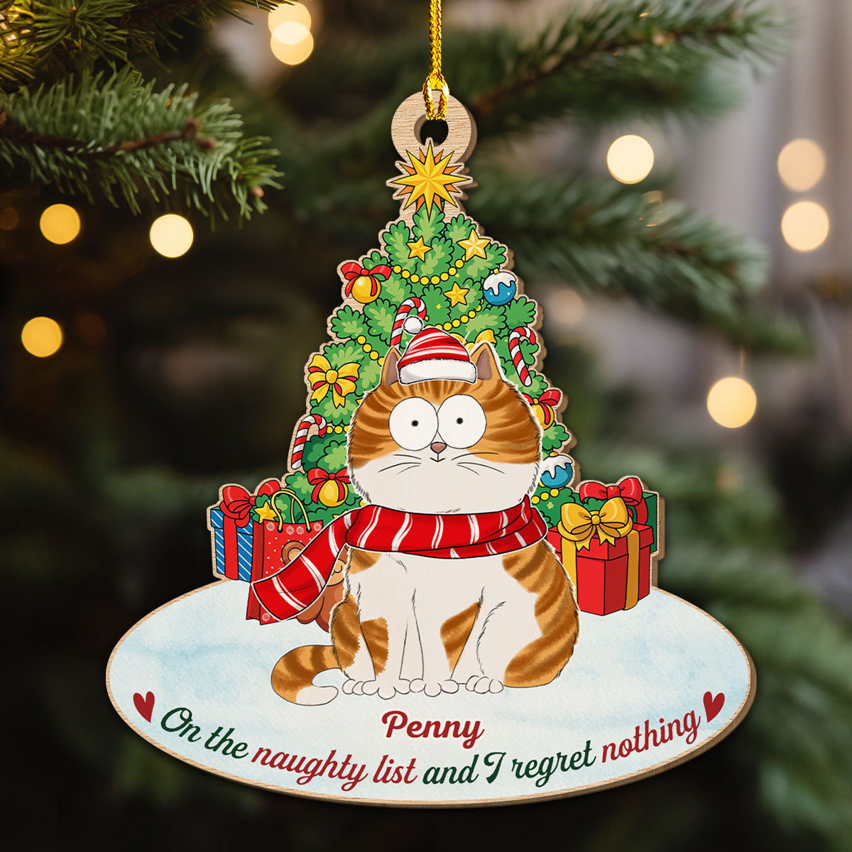 On The Naughty List Personalized Custom Christmas Cat Wood Ornament