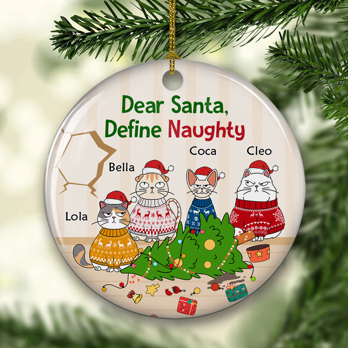 Santa Define Naughty Cats - Customizable Personalized Premium White Ceramic Christmas Ornament (3' Diameter)