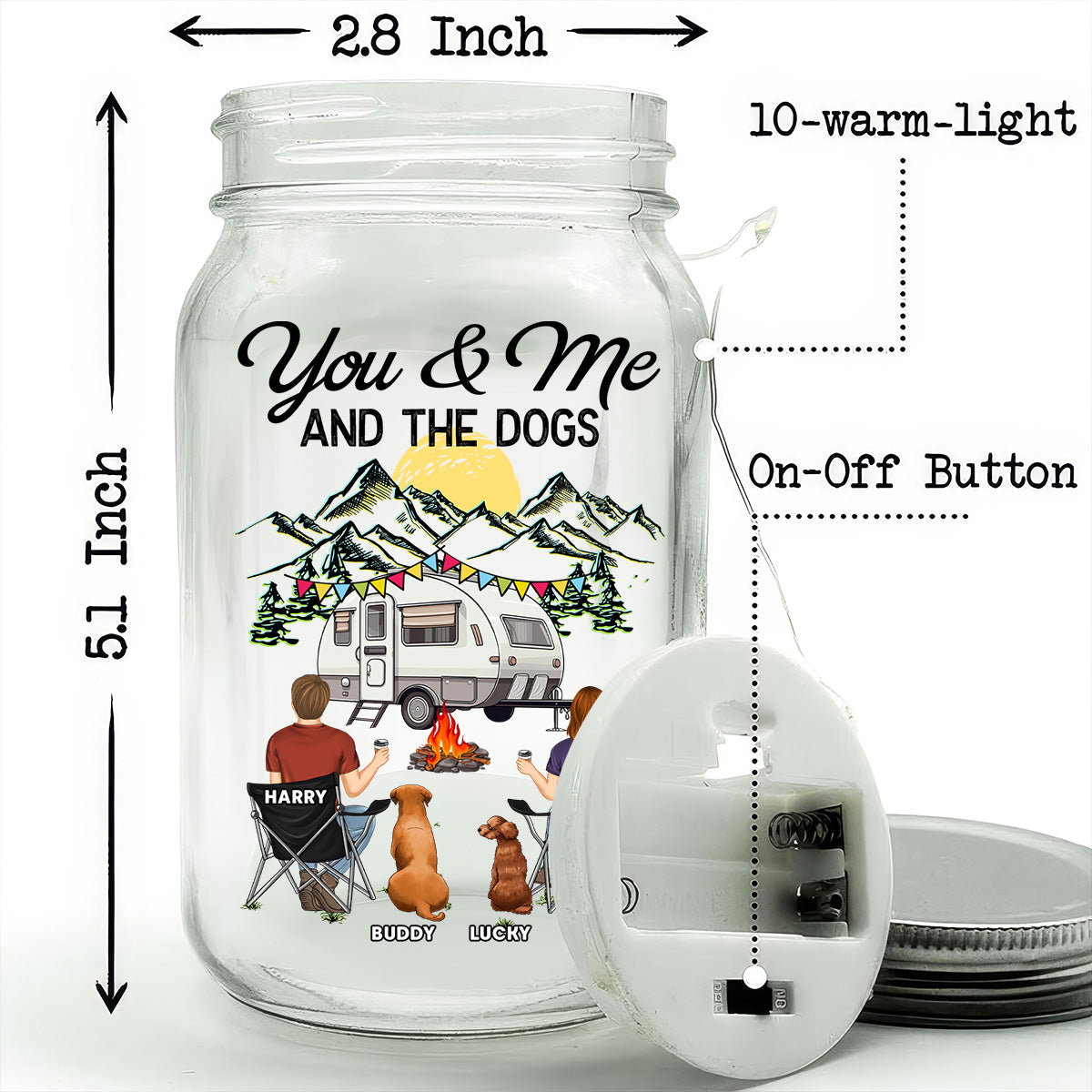 You & Me And The Dogs - Personalized Custom 16oz Mason Jar Light with Warm Starlight Effect