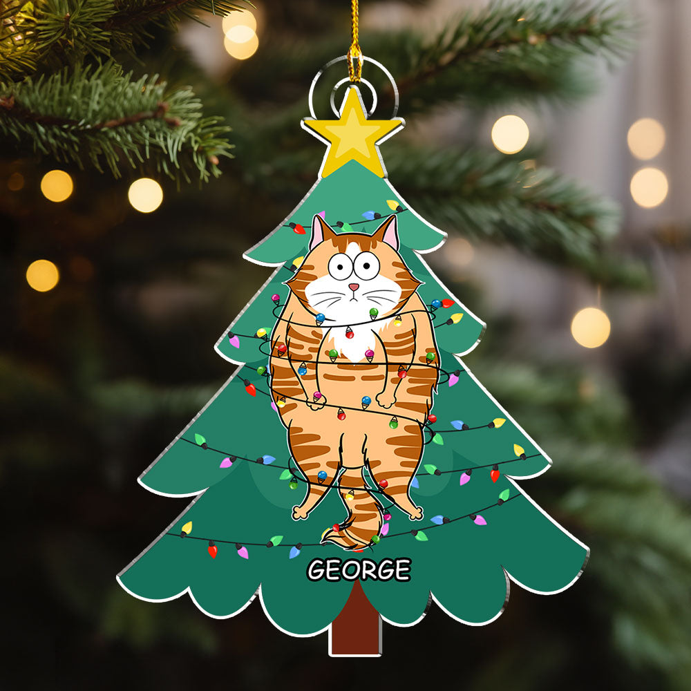 Unique Personalized Custom Acrylic Ornament - Cat Stuck In Tree for Christmas