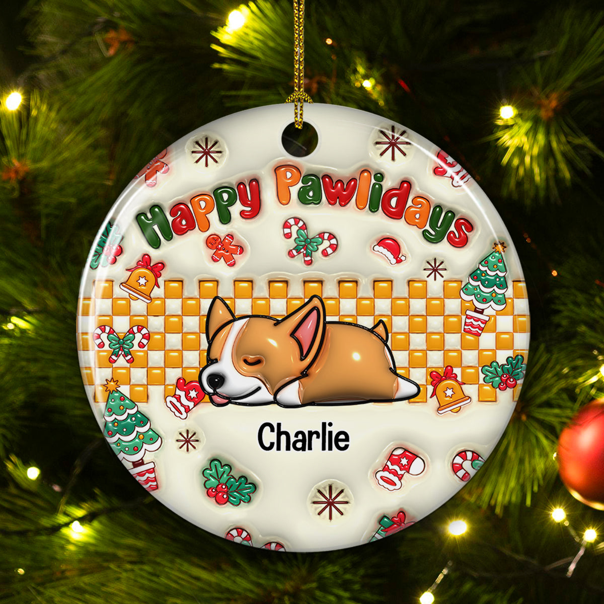 Jolly Pawlidays - Unique Personalized Custom 3D Inflated Effect Premium White Ceramic Christmas Ornament with 3' Diameter