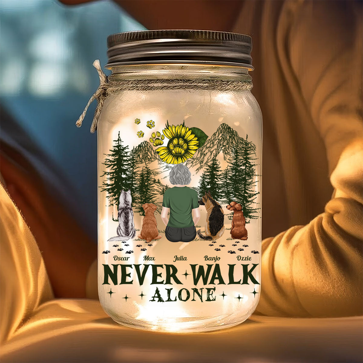 My Dogs Walk With Me - Customizable Personalized 16oz Mason Jar Light for Pet Lovers