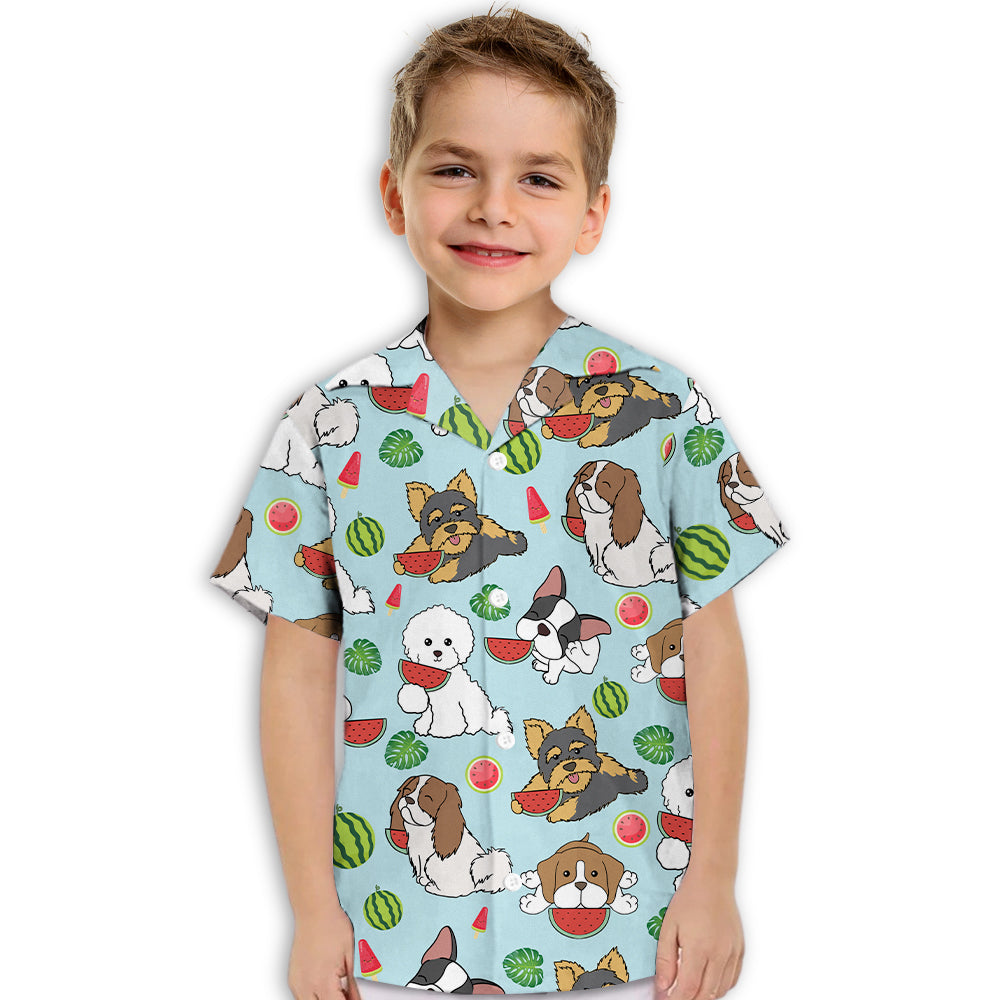 Adorable Dog Eats Watermelon Blue Kids' Button - up Shirt
