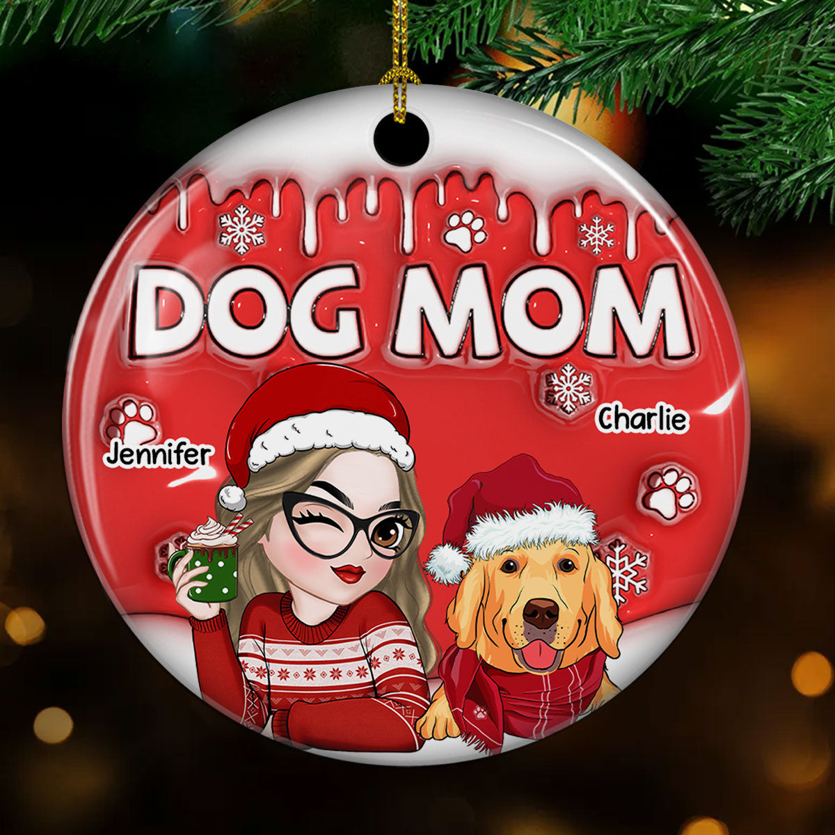 Unique Personalized Custom 3D Inflated Effect Ceramic Christmas Ornament for Dog Moms