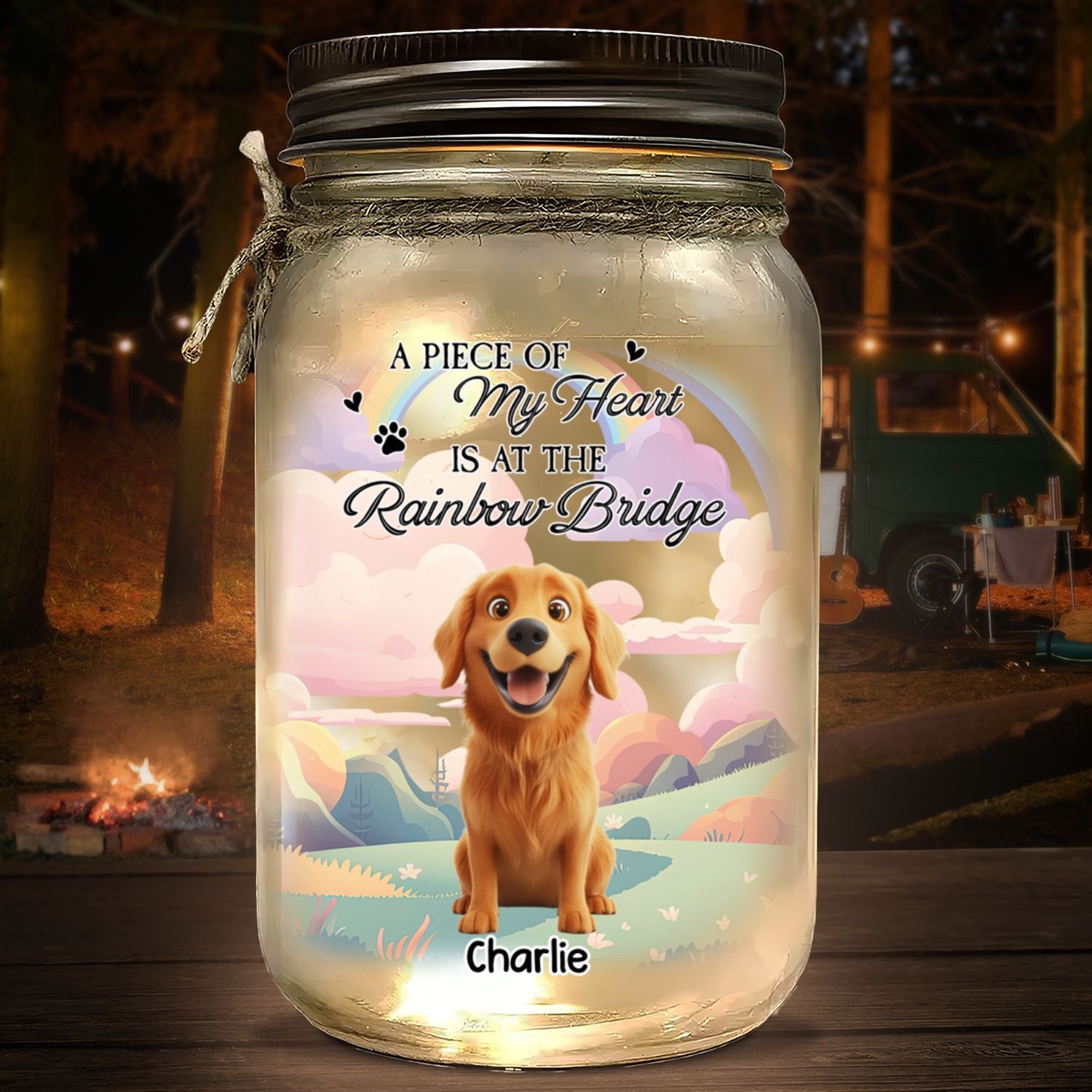 A Piece Of My Heart Is At The Rainbow Bridge - Personalized 16oz Custom Mason Jar Light with Warm Starlights