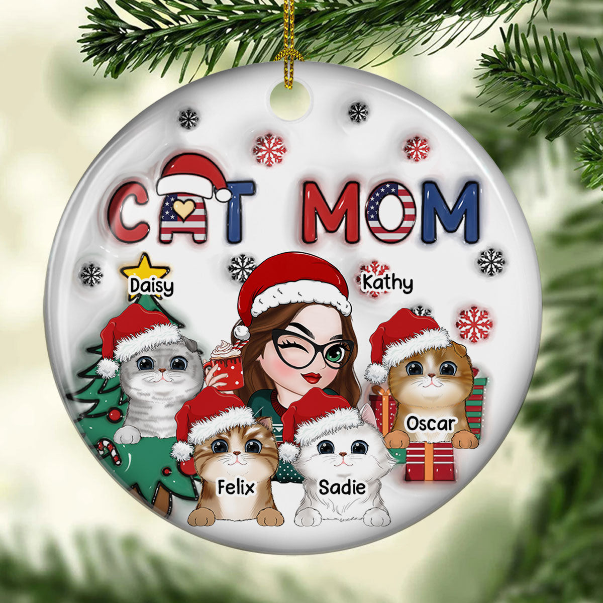 Unique American Cat Mom Christmas - Personalized Custom 3D Inflated Effect White Ceramic Ornament