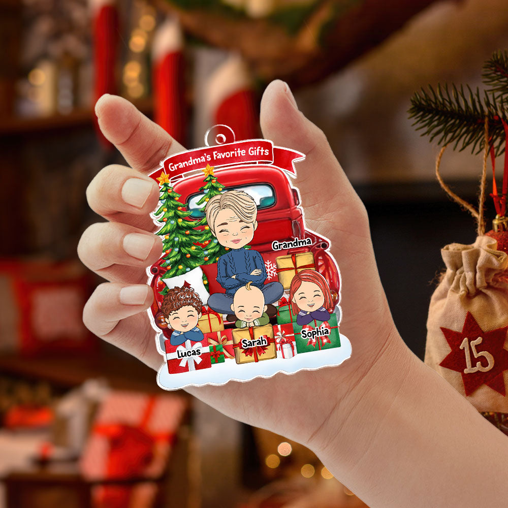 Grandma And Grandkids On Red Truck - Personalized Custom Acrylic Christmas Ornament (4' Diameter, 0.2' Thickness)