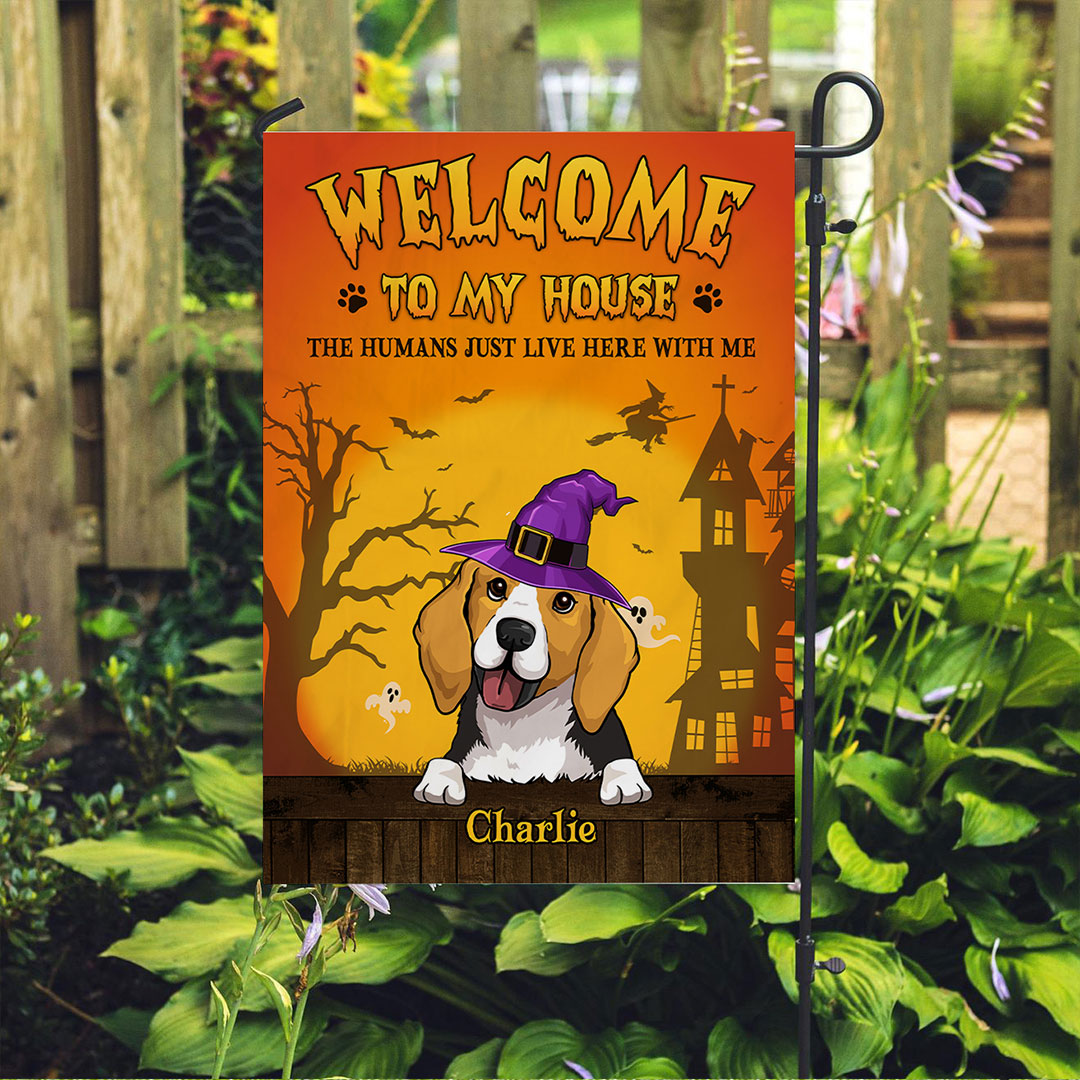 We Live Here - Customizable Personalized Garden Flag for Pet Lovers in 12' x 18' and 28' x 40' Sizes