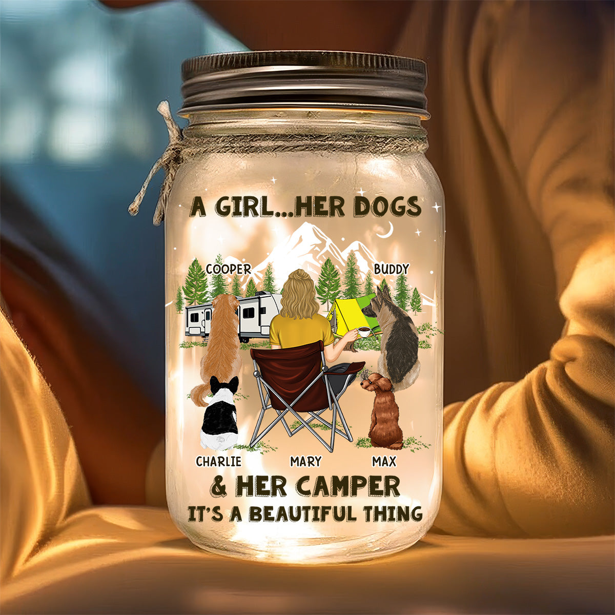 Personalized Custom Dogs And Camper Mason Jar Light - 16oz
