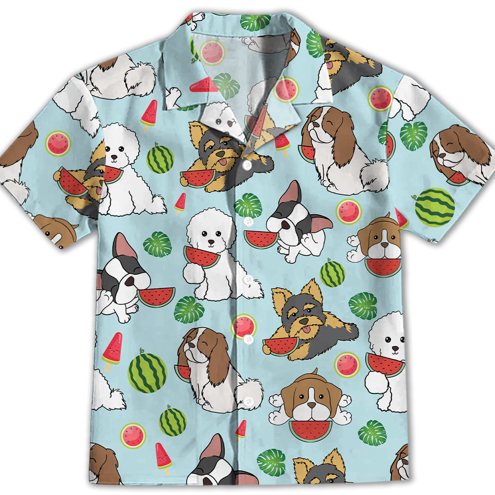 Adorable Dog Eats Watermelon Blue Kids' Button - up Shirt