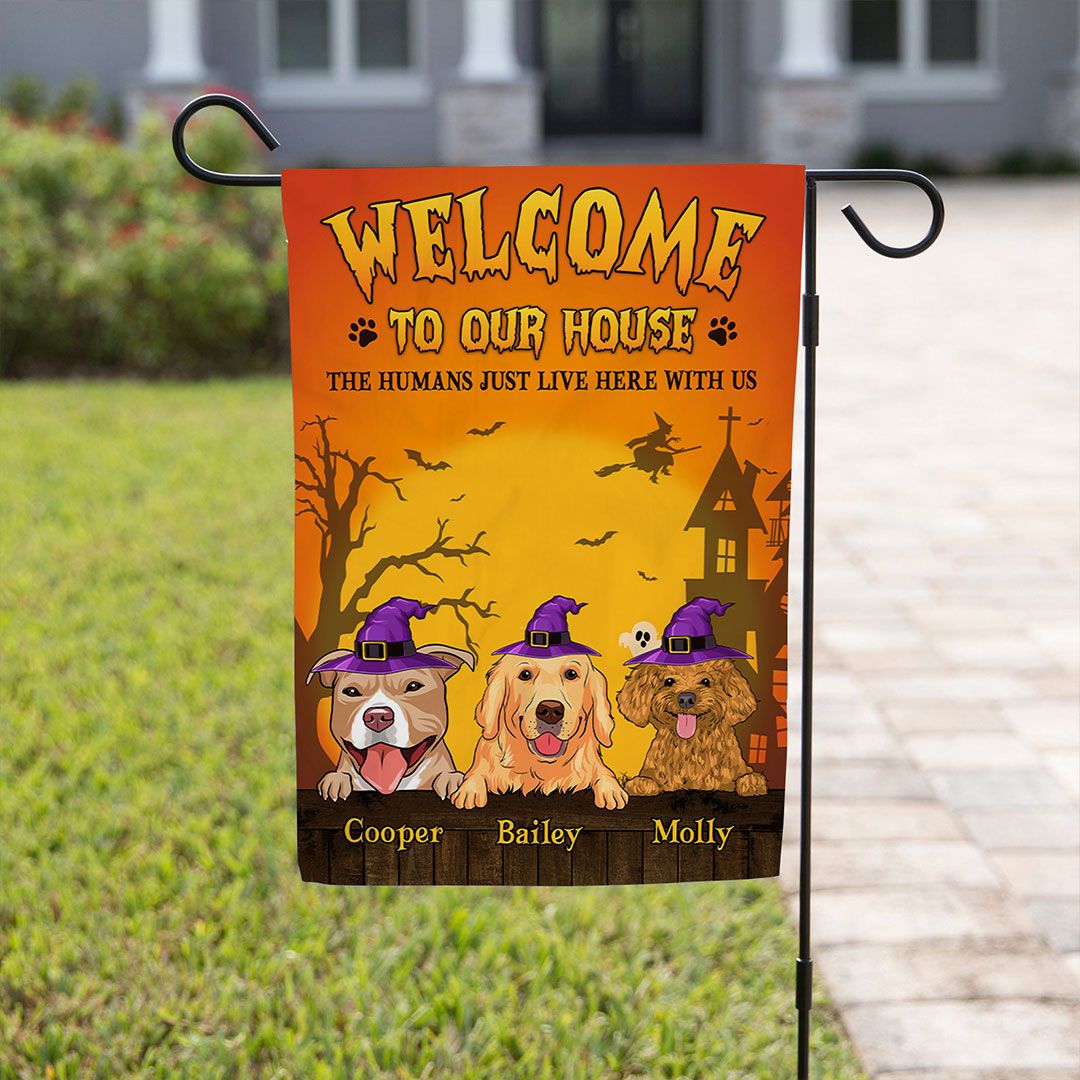 We Live Here - Customizable Personalized Garden Flag for Pet Lovers in 12' x 18' and 28' x 40' Sizes