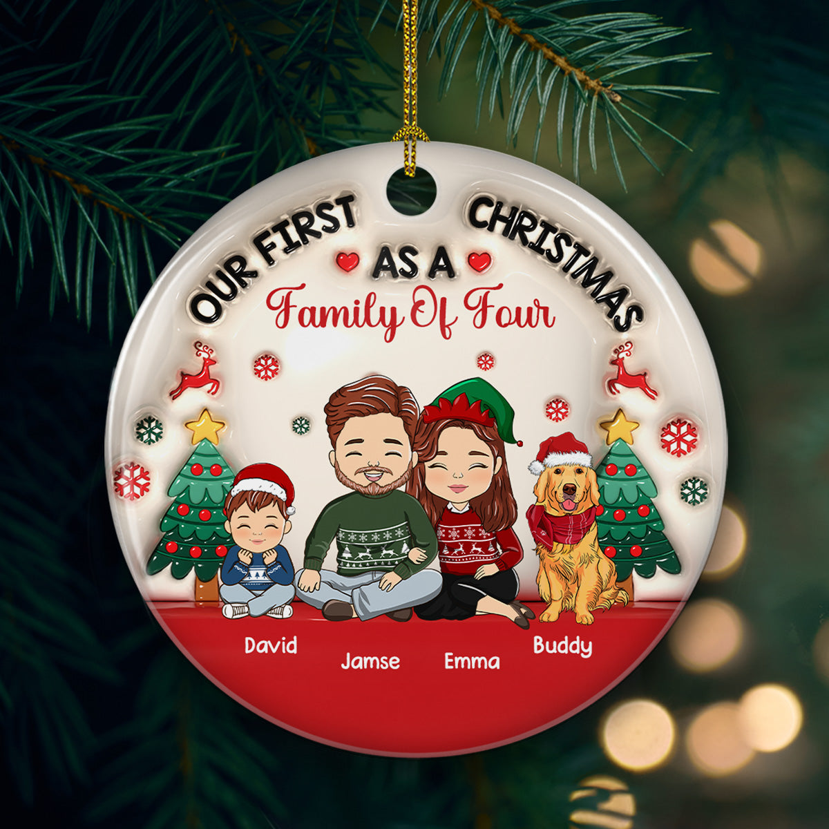 First Christmas As A Family Of Three - Exclusive Personalized Custom 3D Inflated Effect Premium White Ceramic Christmas Ornament