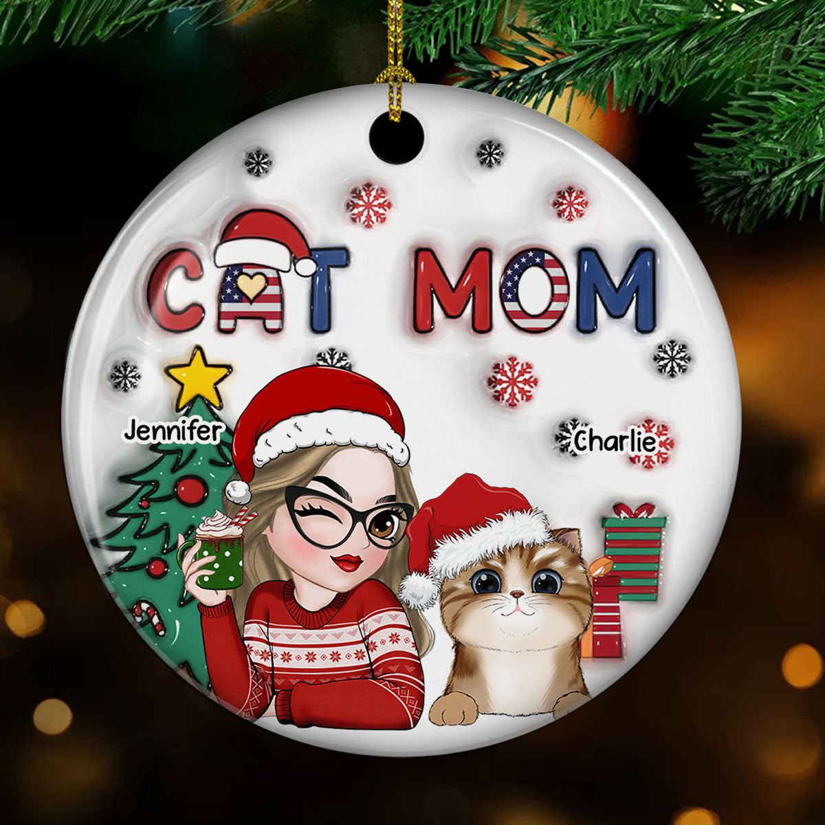 Unique American Cat Mom Christmas - Personalized Custom 3D Inflated Effect White Ceramic Ornament