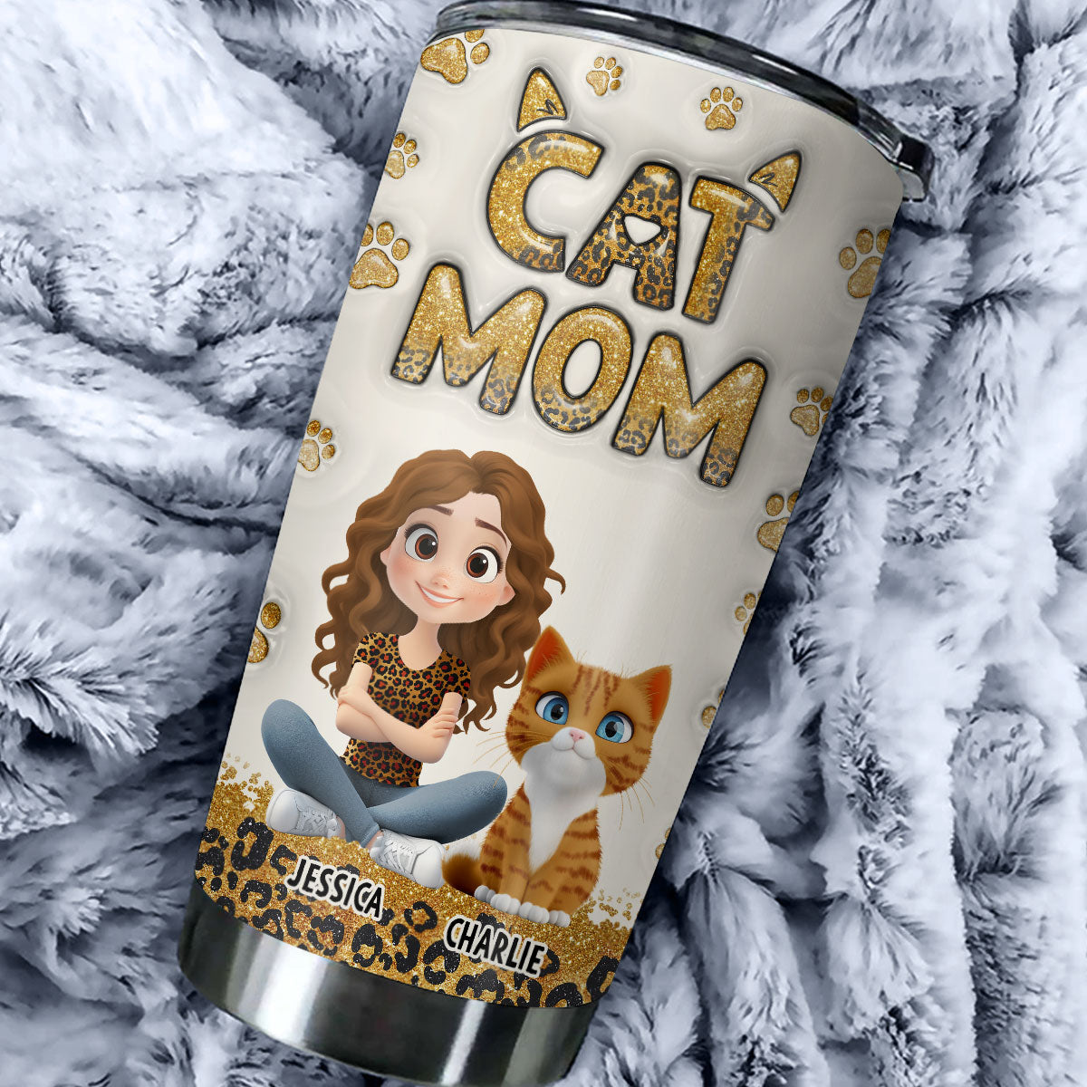 Cat Mom Leopard Personalized Custom 3D Inflated Effect 20oz Stainless Steel Tumbler