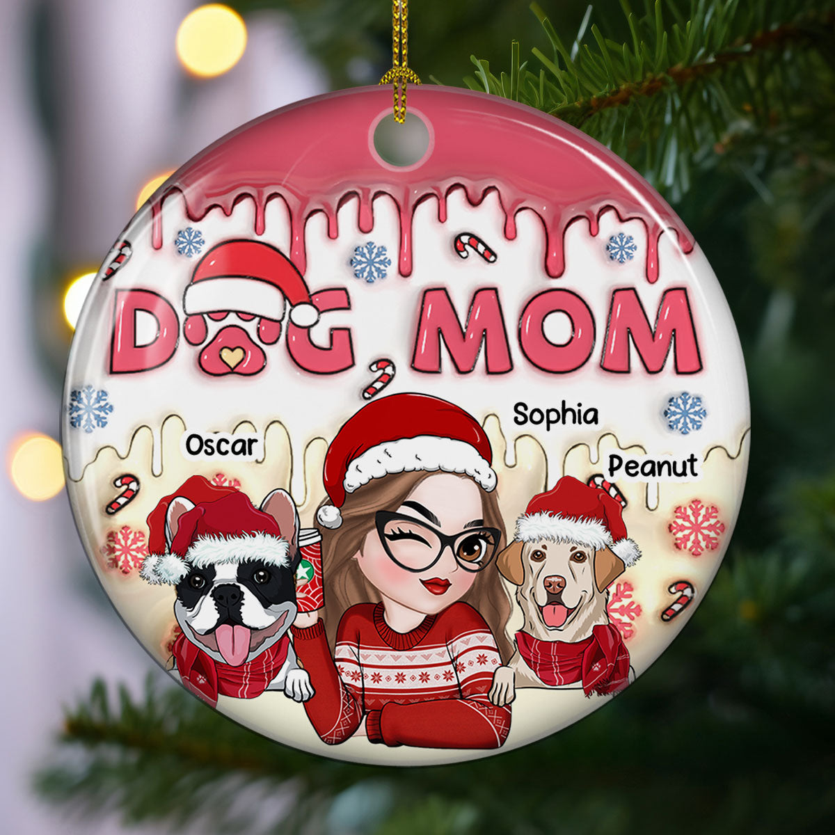 Dog Mom's Joyful Pawlidays - Customizable 3D Inflated Effect Personalized Ceramic Christmas Ornament