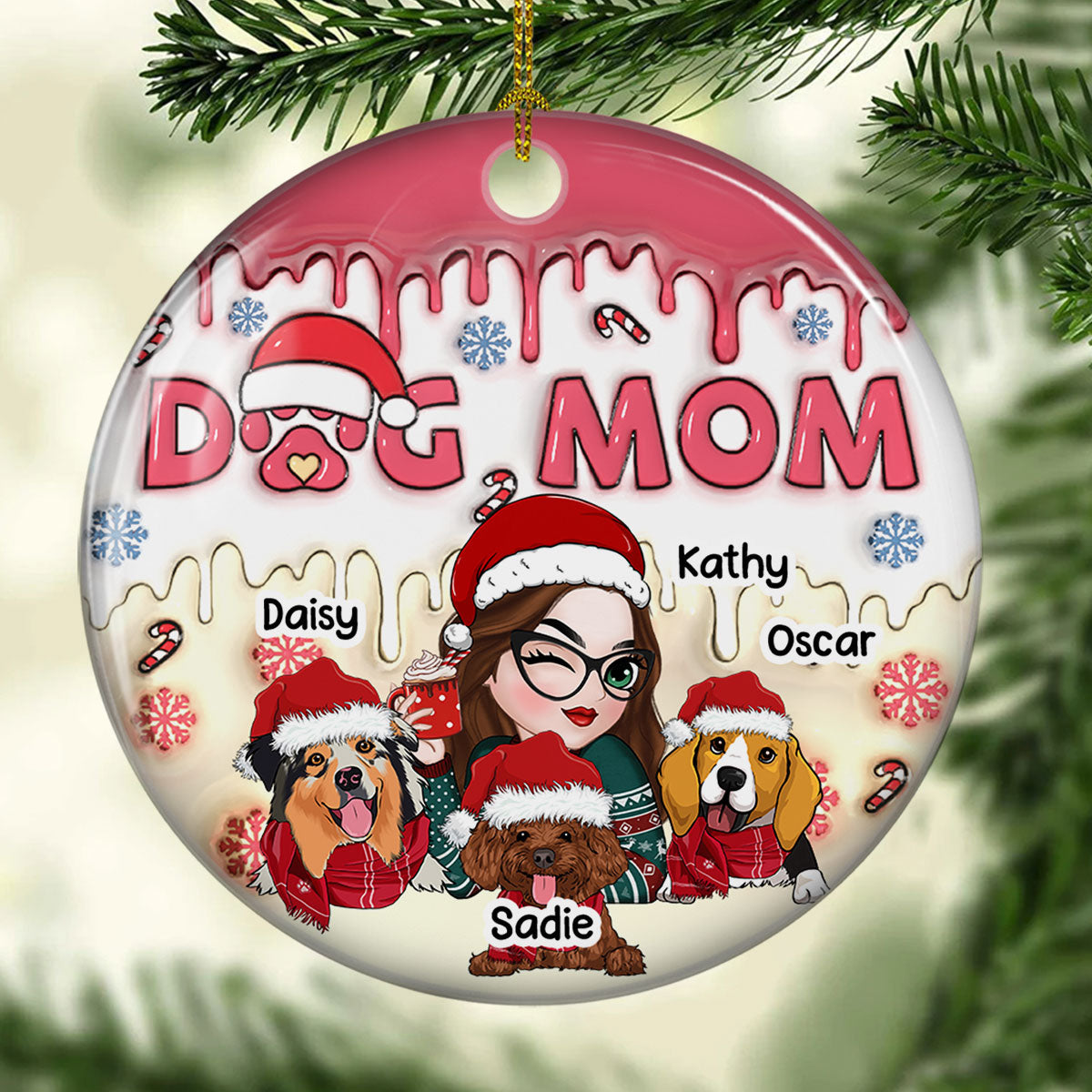 Dog Mom's Joyful Pawlidays - Customizable 3D Inflated Effect Personalized Ceramic Christmas Ornament