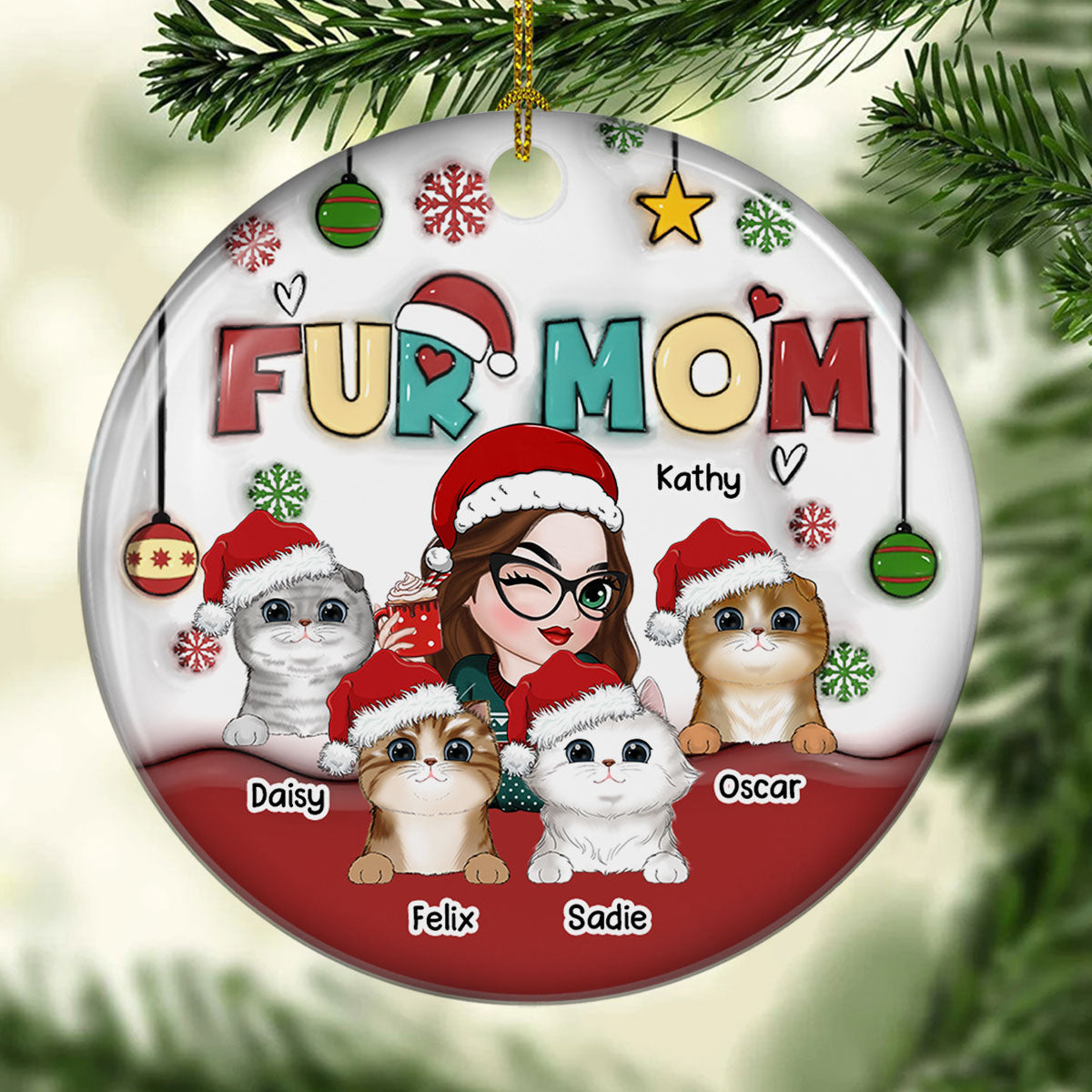 Mom Of Pets - Exquisite Personalized Custom 3D Inflated Effect Premium White Ceramic Christmas Ornament