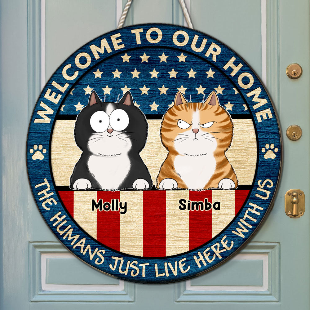 Welcome To Our Home Personalized Custom Wood Sign with Peeking Cat - High - Quality, Vibrant, Various Sizes
