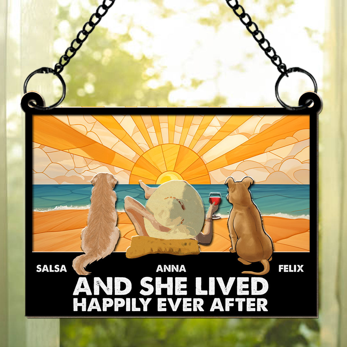 Happily Ever After - Personalized Custom Acrylic Plexiglass Suncatcher with Natural Wood Front in 6 - 8 Inches