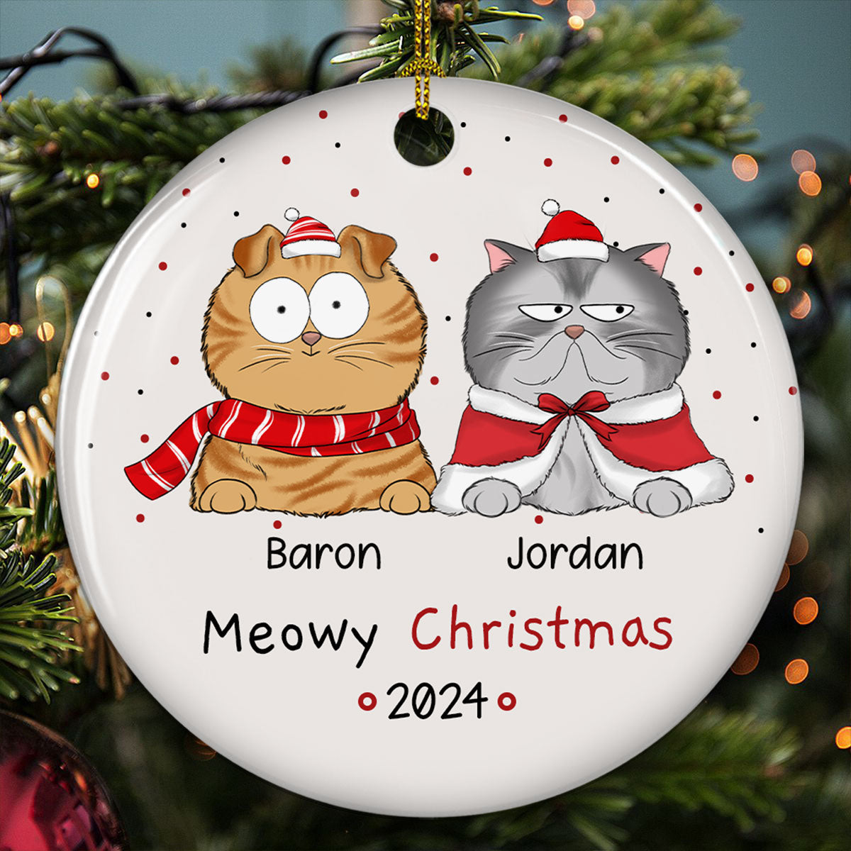 Meowy Christmas - Personalized Custom Circle Ceramic Christmas Ornament with Premium White Color and 3' Diameter