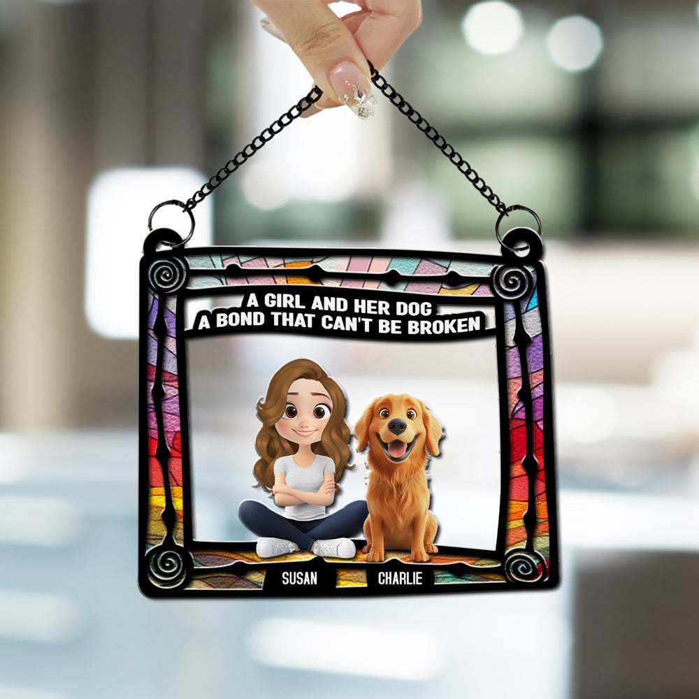 Personalized Custom Dog And Girl Sitting In Frame Suncatcher - Ideal Home Decor and Gift